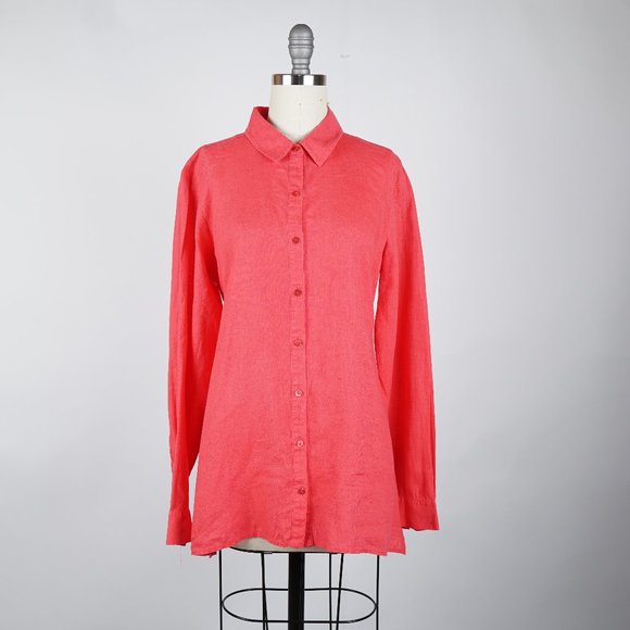 Eileen Fisher Organic Irish Linen Button Down Top Pink XS Preppy Classic Casual - Picture 2 of 9
